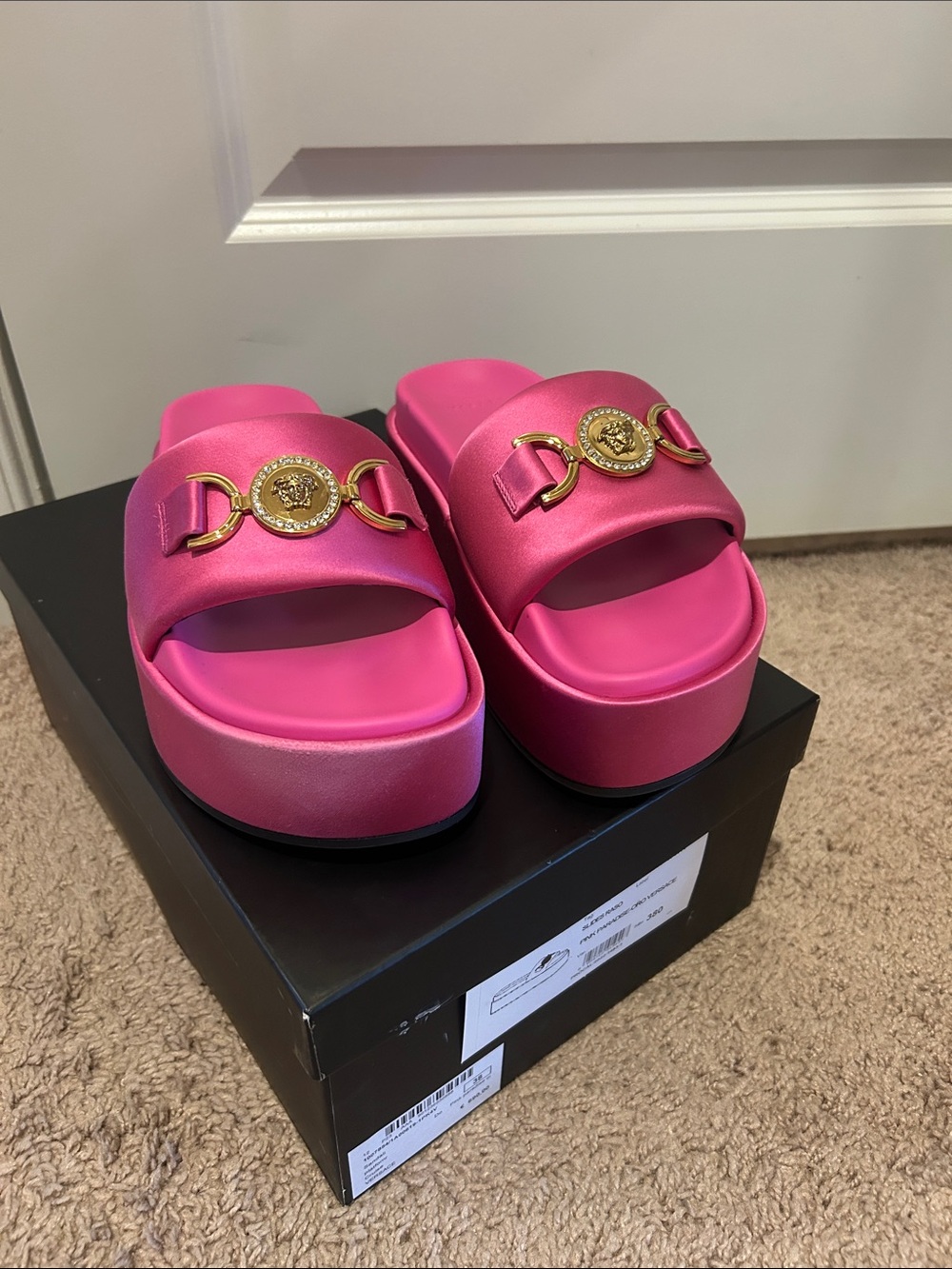 Versace Hot Pink Satin Platform Slides with Gold Medallions